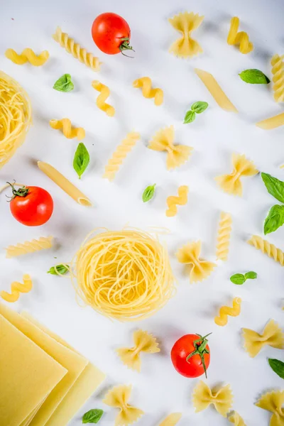 Concepto Comida Italiana Varios Surtido Pasta Cruda Espaguetis Lasaña Fusilli — Foto de Stock