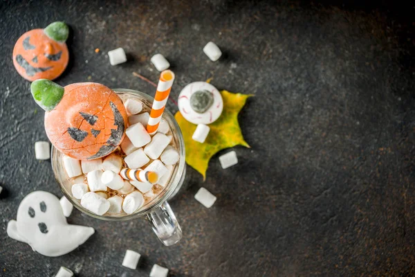 Funny Idea Halloween Party Hot Chocolate Decorative Marshmallows Shape Ghost — Stock Photo, Image