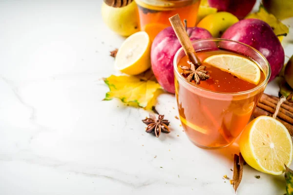 Две Чашки Осеннего Горячего Зимнего Острого Чая Красными Яблоками Лимонами — стоковое фото
