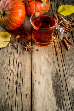 Baharatlı balkabağı çay, pumpkins, tarçın ve eski rustik ahşap arka plan üzerinde baharatlar ile Sonbahar sıcak içecek cam fincan alanı Kopyala