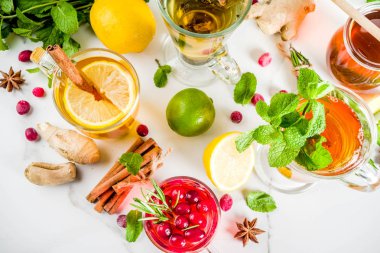 Çeşitli sonbahar kış bitki meyve ve meyve çayı, kızılcık, biberiye, nane limon ile. kireç. çiçek, tıbbi otlar ve baharatlar. üstten görünüm kopya alanı