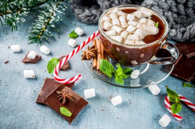 Nane, şeker kamışı ve hatmi, sıcak battaniye, kopya alanı ile açık mavi renkli ev yapımı sıcak çikolata