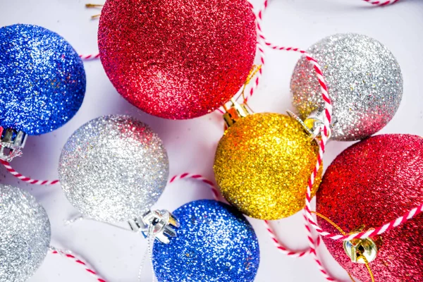 Colorful Christmas Tree Balls White Background Copy Space Top View — Stock Photo, Image