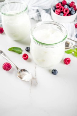 İki cam kavanoz taze ev yapımı organik yoğurt ile dekore edilmiş taze meyveleri ve nane, beyaz mermer arka plan kopya alanı