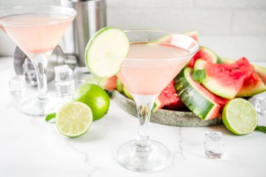 Beyaz mermer arka plan kopya alanı yaz alkollü içecekler, taze limon ve nane, karpuz martini kokteyl