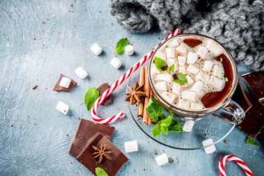 Nane, şeker kamışı ve hatmi, sıcak battaniye, kopya alanı ile açık mavi renkli ev yapımı sıcak çikolata