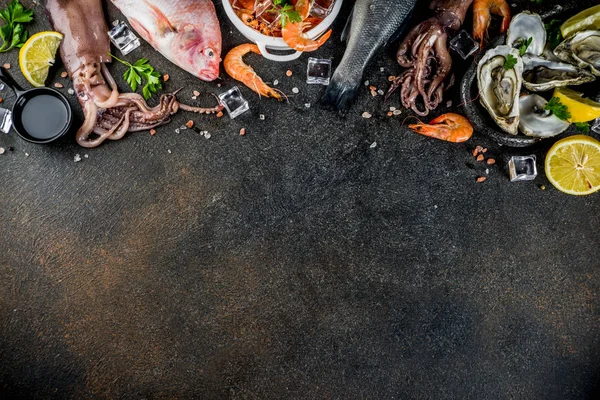 新鮮な生の魚介類イカ ムール貝魚ハーブ レモンの暗いさびた背景コピー スペース平面図のスパイス — ストック写真