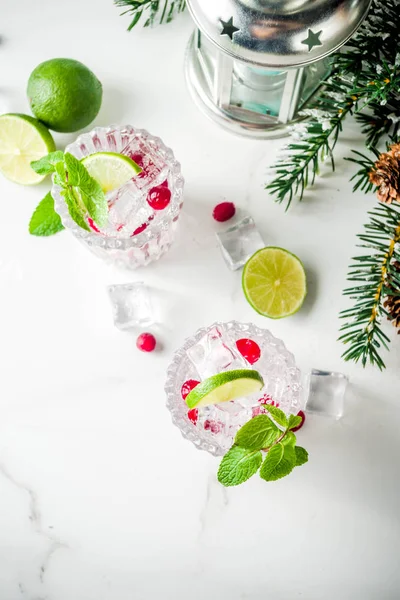 クリスマス冷たい飲み物 クランベリー モヒート カクテル クリスマス装飾コピー スペースの白い大理石の背景 — ストック写真