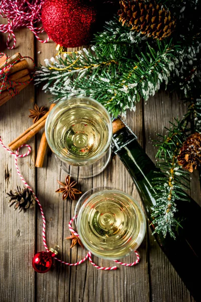 Two Glasses Champagne Christmas Decoration Wooden Background Happy New Year — Stock Photo, Image