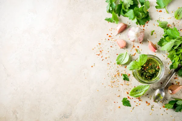 Arjantinli Geleneksel Yemekleri Ham Yapımı Yeşil Chimichurri Salsa Veya Sos — Stok fotoğraf