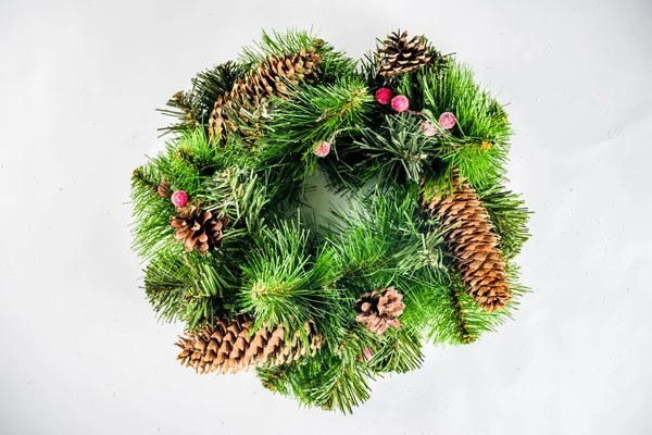 Christmas Wreath Balls Pine Cones Tree Branches White Background — Stock Photo, Image