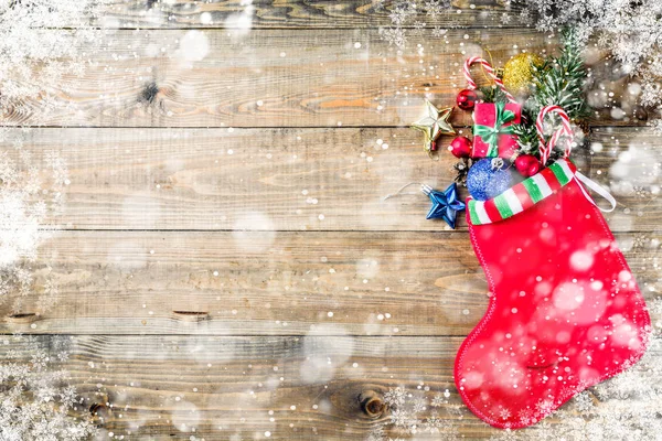 Calza Natale Decorazione Giocattoli Sul Classico Muro Tavolo Legno Sfondo — Foto Stock