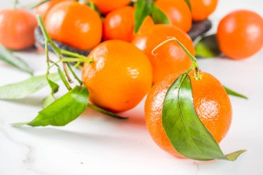 Taze yaprakları, üst ile ham organik mandalina flatlay kopya alanı göster