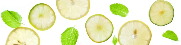 Zomer Verfrissing Drankje Ingrediënten Citrusvruchten Concept Citroen Limoen Mint Patroon — Stockfoto