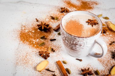 Geleneksel Hint masala chai çay baharat - tarçın, kakule, anason, beyaz arka plan ile. Kopya alanı