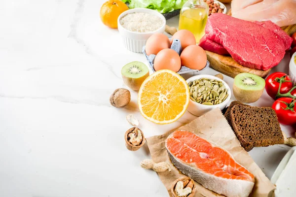 Alimento Saludable Para Adelgazar Varios Ingredientes Bajo Mapa Forraje Selección —  Fotos de Stock