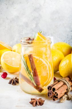 Çeşitli sonbahar ve kış serinletici su, tatlı ekşi sağlıklı içecekler portakal, bal, kızılcık, nane, biberiye, tarçın ve baharatlar, Beyaz ahşap arka plan kopya alanı ile infüzyon