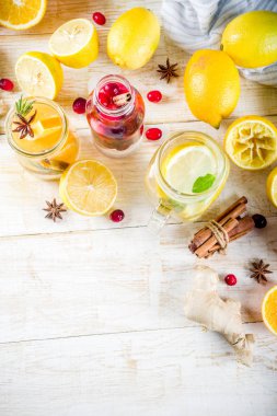 Çeşitli sonbahar ve kış serinletici su, tatlı ekşi sağlıklı içecekler portakal, bal, kızılcık, nane, biberiye, tarçın ve baharatlar, Beyaz ahşap arka plan kopya alanı ile infüzyon