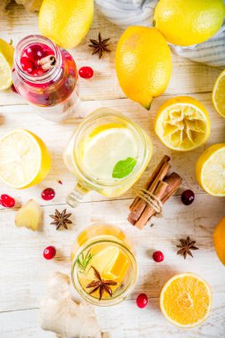 Çeşitli sonbahar ve kış serinletici su, tatlı ekşi sağlıklı içecekler portakal, bal, kızılcık, nane, biberiye, tarçın ve baharatlar, Beyaz ahşap arka plan kopya alanı ile infüzyon