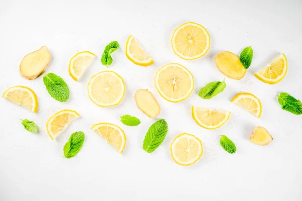 Mojito Lemonade Cocktail Sour Infused Water Ingredient Flatlay Sliced Lemon — Stock Photo, Image