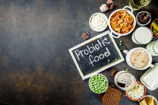 Süper sağlıklı probiyotik fermente gıda, içecekler, malzemeler, karanlık beton zemin üzerine alan üstten görünüm kopya kaynak