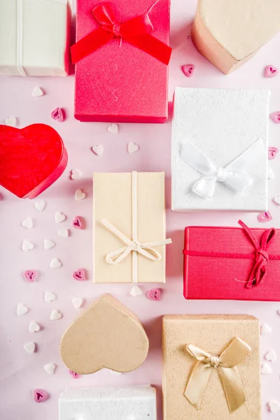 Valentýna Dárky Boxy Pozadí Rám Pro Holiday Greeting Card Pozadí — Stock fotografie