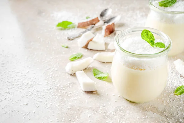Vegane Süßspeise Kokos Panna Cotta Dessert Glas Mit Kokosraspeln Und — Stockfoto