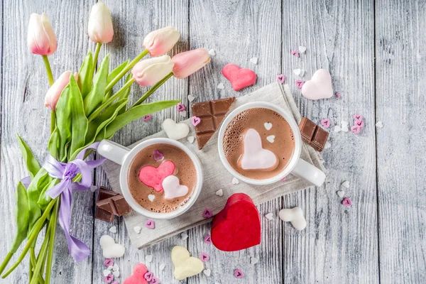 Dia Dos Namorados Tratar Ideias Duas Xícaras Bebida Chocolate Quente — Fotografia de Stock