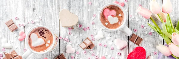 Dia Dos Namorados Tratar Ideias Duas Xícaras Bebida Chocolate Quente — Fotografia de Stock