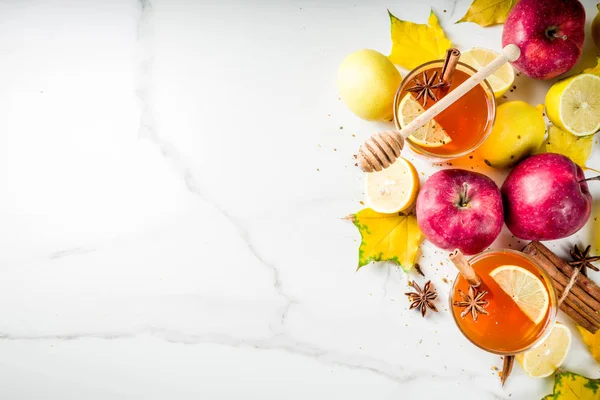 Dva Šálky Podzimní Zimní Horký Kořeněný Čaj Červená Jablka Citrony — Stock fotografie