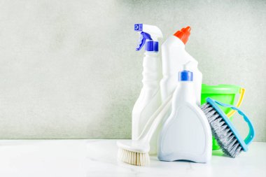 Kavramı ile gri taş beton arka plan kopya alanı üzerinde farklı temizlik malzemeleri, temizlik