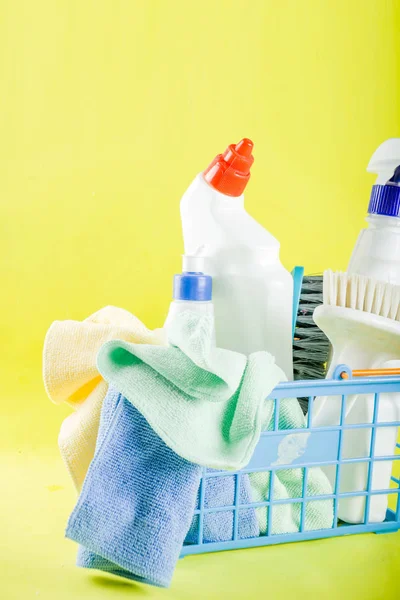 Cleaning Concept Different Cleaning Supplies Bright Yellow Background Top View — Stock Photo, Image