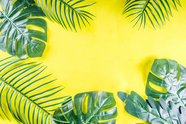 Tropikal arka plan. Palmiye ve monstera yaprakları sarı mavi zemin üzerine. Flatlay, üstten görünüm, minimal düzen, yaz konsepti