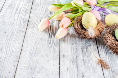 Lale çiçek ve renkli boyalı Paskalya yumurtaları ile pastel Paskalya arka plan. Üstten görünüm, rustik beyaz ahşap masa. Tebrik kartı için arka plan. Metin için yer kopyalayın