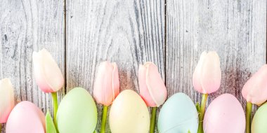 Lale çiçek ve renkli boyalı Paskalya yumurtaları ile pastel Paskalya arka plan. Üstten görünüm, rustik beyaz ahşap masa. Tebrik kartı için arka plan. Metin için yer kopyalayın