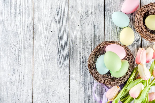 Pastel Fond Pâques Avec Des Fleurs Tulipes Des Œufs Pâques — Photo