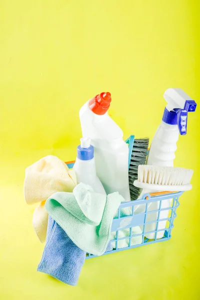 Cleaning Concept Different Cleaning Supplies Bright Yellow Background Top View — Stock Photo, Image