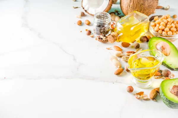 Sağlıklı Vegan Yağ Gıda Kaynakları Omega3 Omega6 Malzemeler Badem Ceviz — Stok fotoğraf