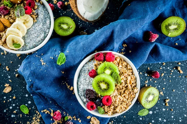 Homemade Granola Chia Seeds Yogurt Pudding Fresh Fruit Berries Dark — Stock Photo, Image