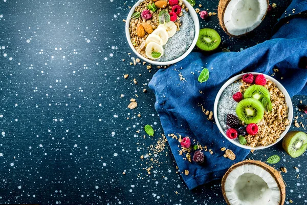 Homemade Granola Chia Seeds Yogurt Pudding Fresh Fruit Berries Dark — Stock Photo, Image