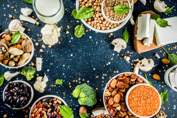 Healthy plant vegan food, veggie protein sources: Tofu, vegan milk, beans, lentils, nuts, soy milk, spinach and seeds. Dark blue concrete background copy space