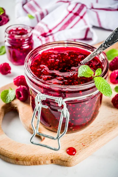 Homemade Raspberry Jam Two Jars Raspberries Mint — Stock Photo, Image