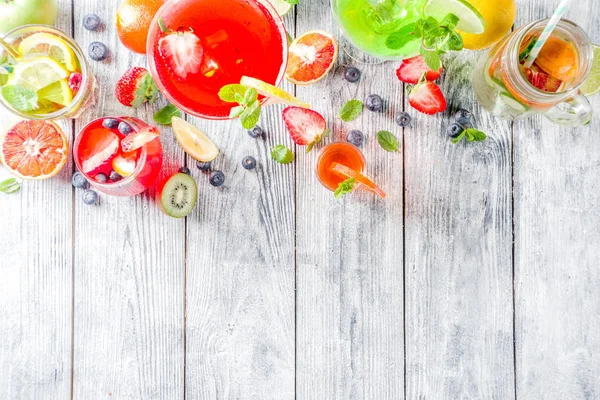 Selection Summer Fruit Berry Cocktail Drinks Wooden Background Copy Space — Stock Photo, Image