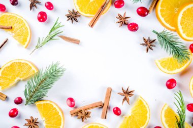Kış sonbahar içecek maddeleri, besin malzemeleri. Kızılcık, dilimlenmiş portakal, tarçın, biberiye, anason kokteyller, Noel ağacı dalları ile yemek pişirmek için. Beyaz arka plan üzerinde Flatlay. Üstten görünüm kopya alanı