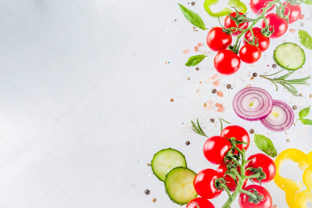 Fresh vegetables, herbs and spices on white background