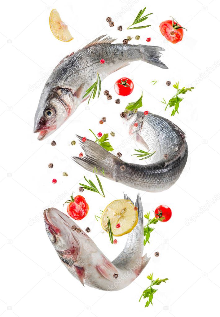 Flying food, raw sea bass fish with spices