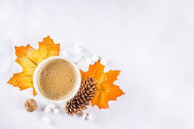 Sonbahar Flatlay kapuçino veya sıcak çikolata