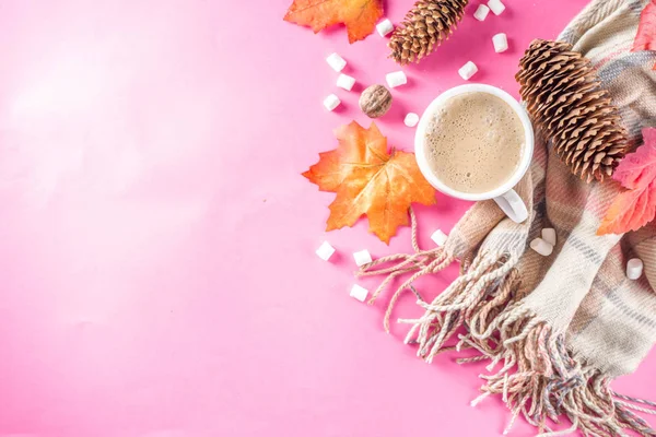 Outono Flatlay com Cappuccino ou chocolate quente — Fotografia de Stock