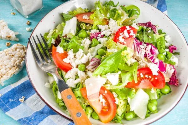 Vegan Vegetariano Fundo Comida Verão Salada Legumes Com Tomate Alface — Fotografia de Stock