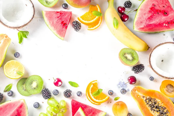 Assorted Different Summer Tropical Fresh Raw Fruits Berries White Background — Stock Photo, Image